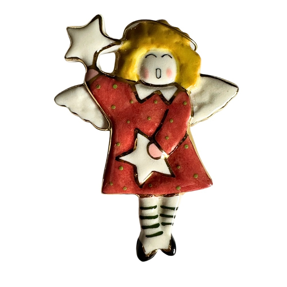 Blonde Girl Ceramic Angel In a Bright Red Dress Holding 2 Stars Brooches Pin